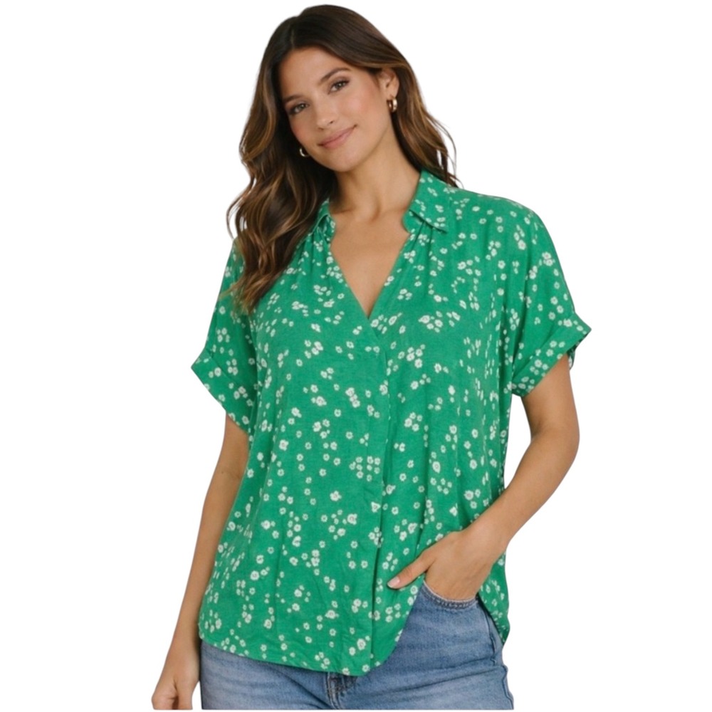 Cabi Replay Green Floral Short Sleeve V-Neck Blouse 6082 Kelly Green XS